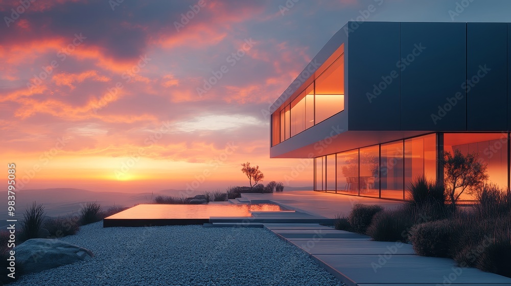 Obraz premium A minimalist cube house with large floor-to-ceiling windows, sleek black steel facade, and geometric gravel paths, captured in a sunset glow. Futuristic, 3D rendering, high contrast