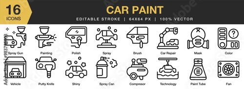 Car Paint icon set. Editable Stroke Icon Collection. Includes brush, car repair, compressor, mask, paint tube, and More. Outline icons vector collection.