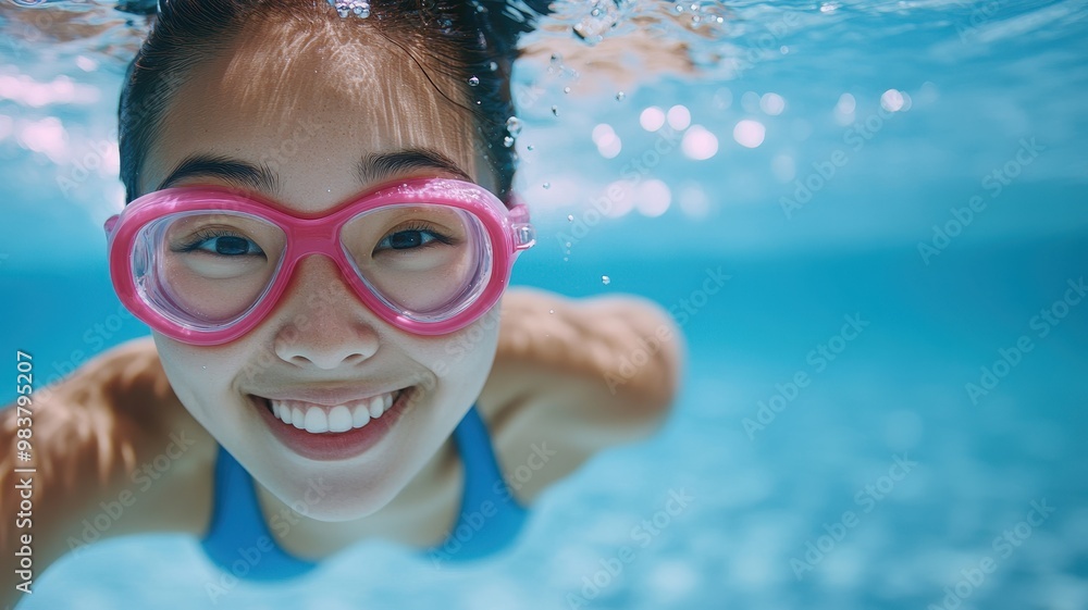 Fototapeta premium Beautiful young asian woman swimmer underwater in swimming pool with eyes open,looking at the camera, wearing pink goggles,fashion concept,vacation trip,Summer and holiday concept,Copy space.