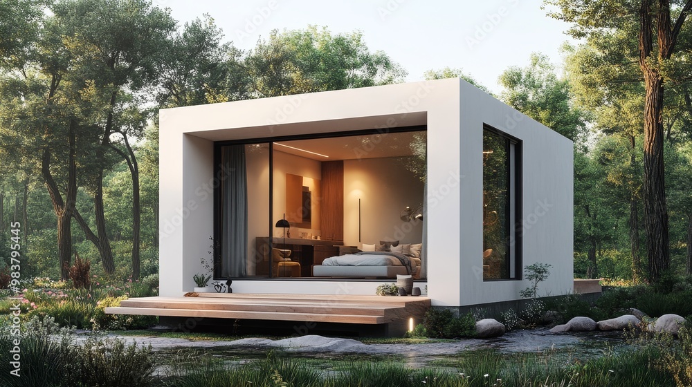 A minimalist modular cube home with a seamless white exterior and recessed doorways A minimalist modular cube home with a seamless white exterior and recessed doorways