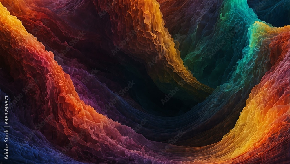 Abstract waves of light and color create a digital landscape. Abstract waves of light and color create a digital landscape.