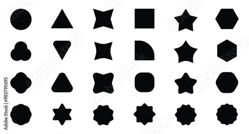 Abstract and basic shapes collection. Vector basic shape. Geometric formal shape. Polygonal elements. Modern trendy minimalist basic figures, lines, circles, hexagon, star, triangle flat style. Vector