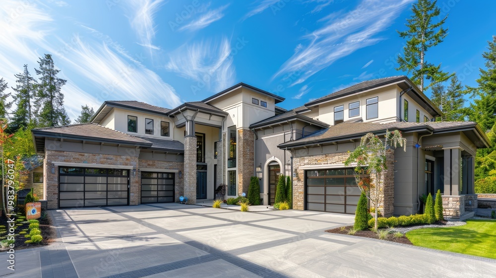 Luxury home exterior on sunny day with blue sky. Features three car garage, large driveway, and elegant design Luxury home exterior on sunny day with blue sky. Features three car garage, large driveway, and elegant design