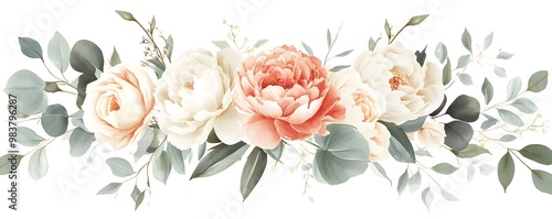 Watercolor floral bouquet, featuring peonies and roses, with eucalyptus leaves, in a white color palette, isolated on a white background,