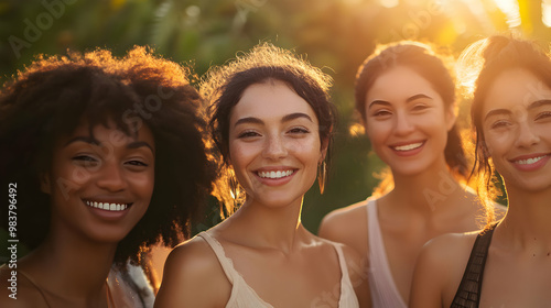Four smiling young women pose together in a sunlit outdoor setting, embodying joy and friendship against a vibrant natural backdrop.