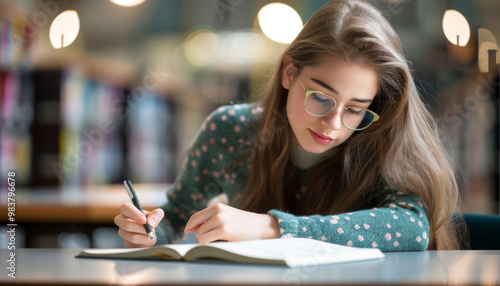 Young woman writing in a notebook in a library