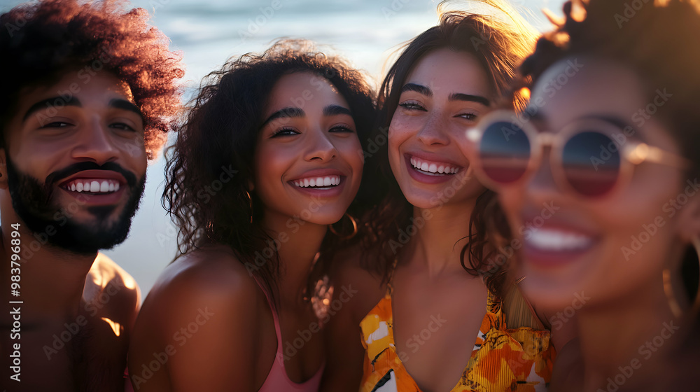 A cheerful group of four friends enjoying a sunny beach day, smiling and capturing the moment with sunglasses and vibrant outfits. A cheerful group of four friends enjoying a sunny beach day, smiling and capturing the moment with sunglasses and vibrant outfits.