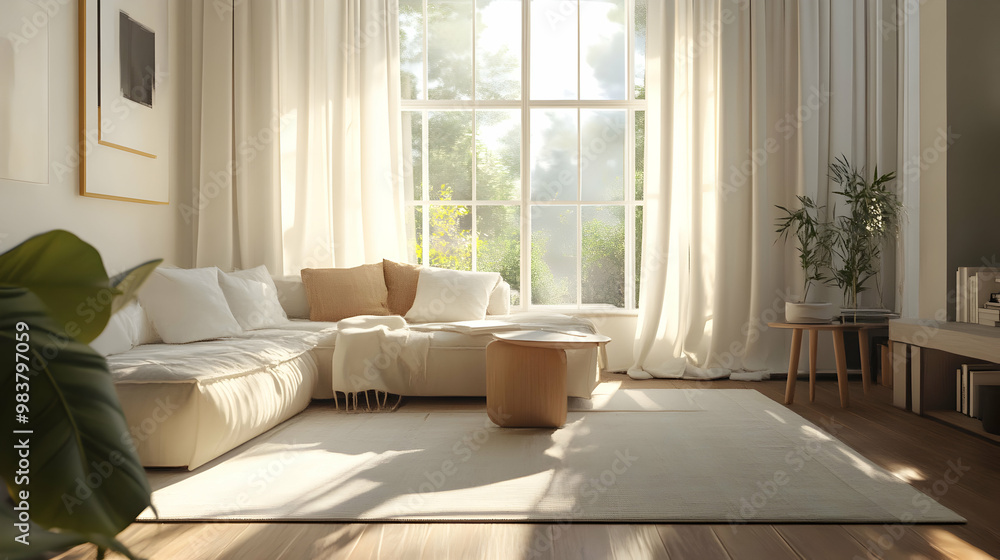 A bright, inviting living room with large windows, soft furnishings, and natural decor, creating a serene and cozy atmosphere. A bright, inviting living room with large windows, soft furnishings, and natural decor, creating a serene and cozy atmosphere.