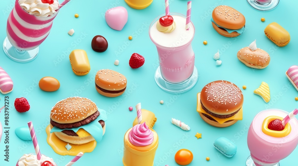 Seamless Colorful Desserts and Burgers on Bright Background Seamless Colorful Desserts and Burgers on Bright Background