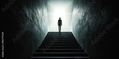 A lone figure standing at the top of a staircase, looking up towards a bright light, symbolizing the climb to success