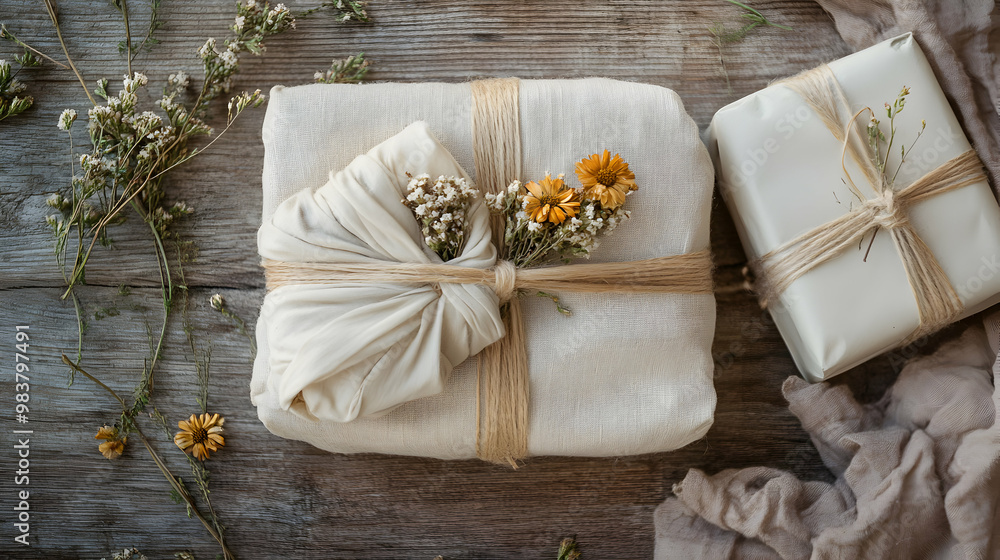 Wrapped gifts adorned with dried flowers on a rustic wooden surface create a charming and natural aesthetic. Wrapped gifts adorned with dried flowers on a rustic wooden surface create a charming and natural aesthetic.