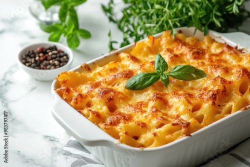 Baked Pasta with Melted Cheese and Basil Garnish photo