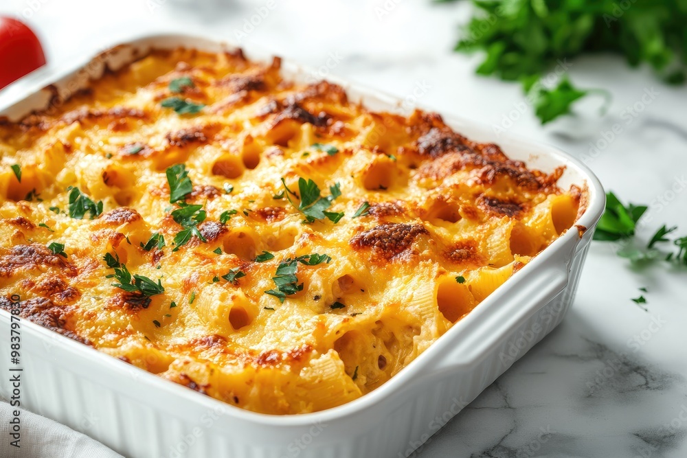 Baked Pasta with Creamy Sauce and Cheese Topped with Parsley Baked Pasta with Creamy Sauce and Cheese Topped with Parsley