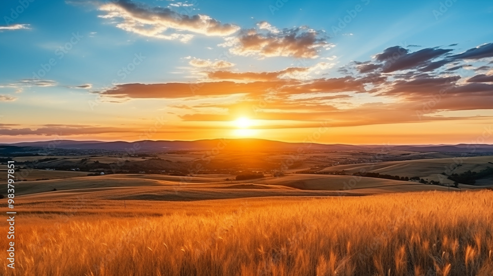 Golden sunset over rolling wheat fields, vibrant sky and peaceful rural landscape Golden sunset over rolling wheat fields, vibrant sky and peaceful rural landscape