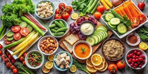 Lunch spread of fresh raw vegetables and healthy snacks, vegan, vegetarian, nutrition, fresh, raw