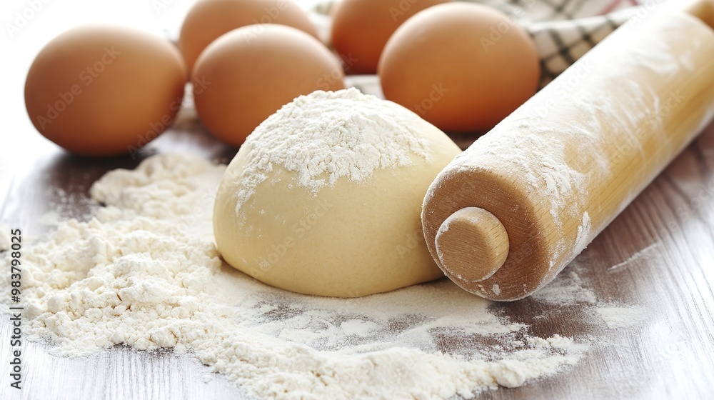 A classic kitchen scene featuring fresh dough and a wooden rolling pin, emphasizing the art of baking and culinary creativity, perfect for food-related designs, recipes, or cooking tutorials, A classic kitchen scene featuring fresh dough and a wooden rolling pin, emphasizing the art of baking and culinary creativity, perfect for food-related designs, recipes, or cooking tutorials,