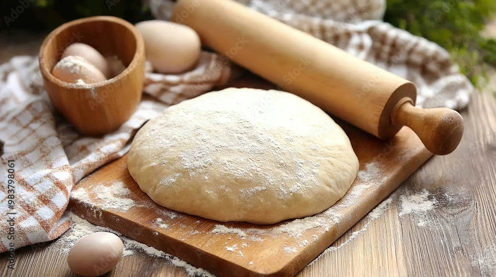 A classic kitchen scene featuring fresh dough and a wooden rolling pin, emphasizing the art of baking and culinary creativity, perfect for food-related designs, recipes, or cooking tutorials, A classic kitchen scene featuring fresh dough and a wooden rolling pin, emphasizing the art of baking and culinary creativity, perfect for food-related designs, recipes, or cooking tutorials,