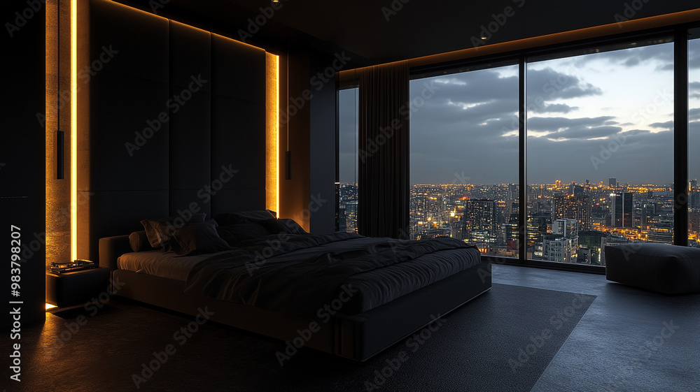 Modern bedroom with city view at dusk featuring ambient lighting and a serene atmosphere Modern bedroom with city view at dusk featuring ambient lighting and a serene atmosphere
