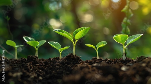 Row of delicate green seedlings breaking through the dark brown soil, representing new life and growth in the natural world.