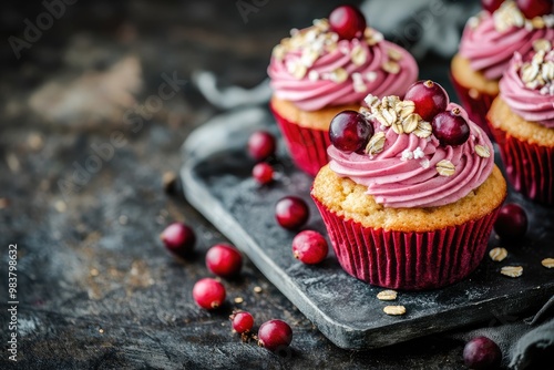 Close-up of Pink-Frosted Cupcakes Topped with Cranberries and Oats