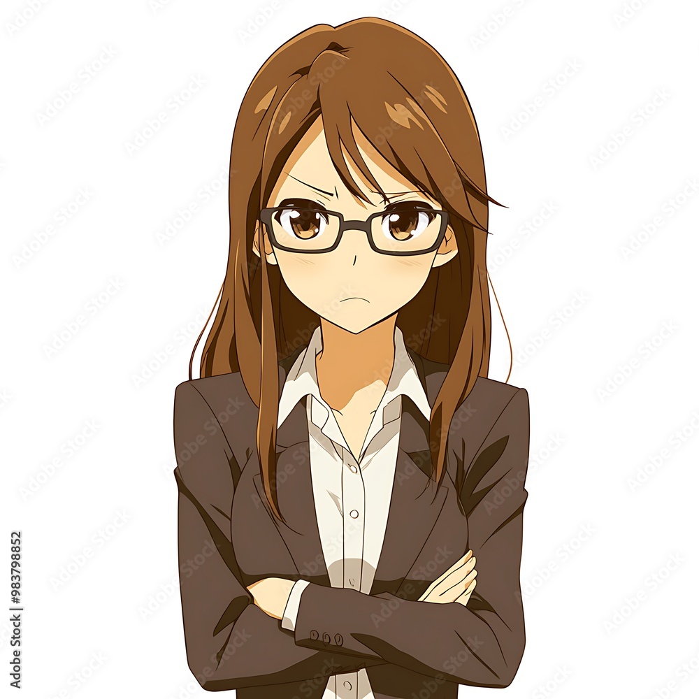 Anime Girl with Serious Expression, Brown Hair and Glasses. Anime Girl with Serious Expression, Brown Hair and Glasses.