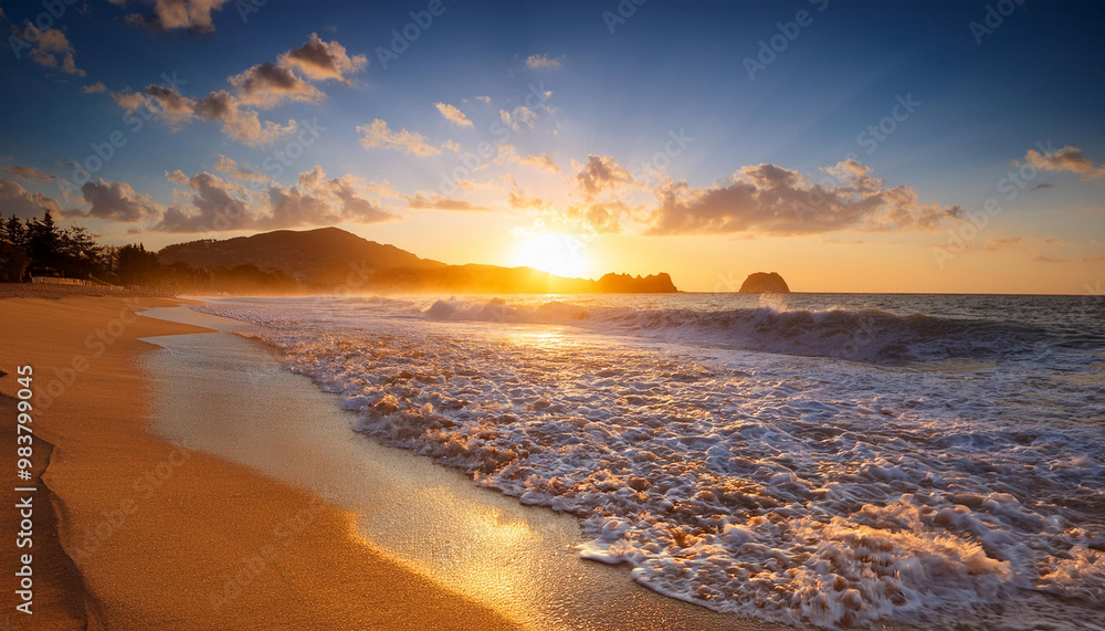 Obraz premium sunset on the beach with mountain on background