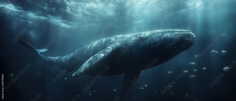 Fototapeta premium Majestic underwater photo of a huge blue whale swimming in the deep ocean.