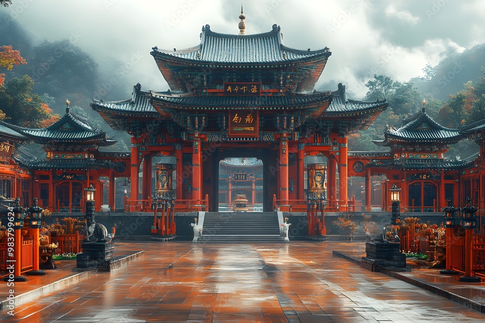 Fototapeta premium It is a grand, ancient Korean-style building in the East, with a tiled roof, red pillars, and a yard filled with stone blocks.