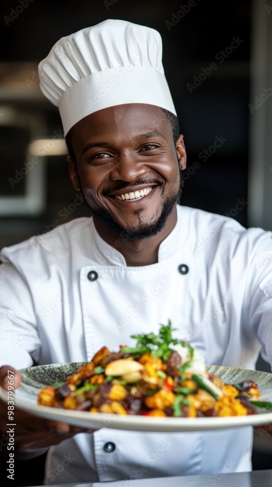 An African male chef with a broad smile, presenting a plate of exotic cuisine, his presentation meticulous and colorful, enhancing the visual appeal against the minimalistic backdrop. An African male chef with a broad smile, presenting a plate of exotic cuisine, his presentation meticulous and colorful, enhancing the visual appeal against the minimalistic backdrop.