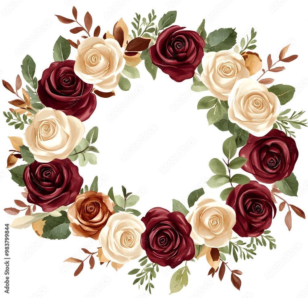 Watercolor flower wreath red roses and clipart on a white background. Watercolor flower wreath red roses and clipart on a white background.