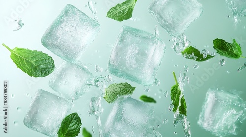 A dynamic image of flying ice mint cubes, capturing the refreshing essence of mint and the coolness of ice, ideal for beverage promotions, summer-themed designs, or culinary presentations, 
