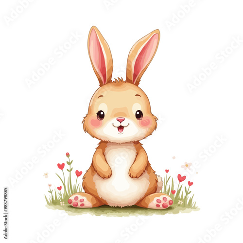 Cute Lovely Rabbit, Watercolor Painting Cartoon Vector Illustration, Good for T-shirt, Book Cover, Birthday Flyer, Poster, Invitation Design