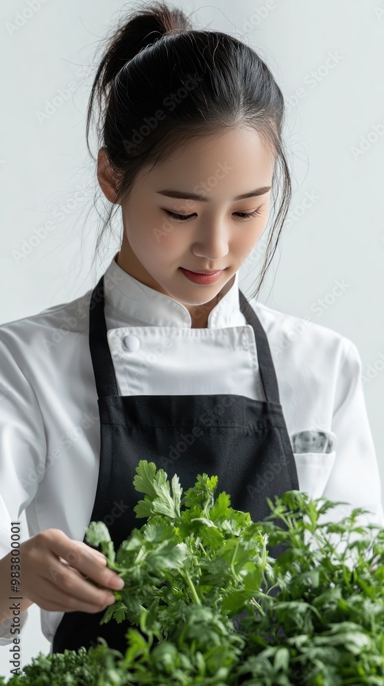 An Asian female chef wearing a simple, modern uniform checks a fresh herb set.