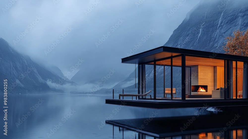 Fototapeta premium A luxurious tiny home with a glass wall, overlooking a mountain lake, featuring minimalist interior design with a fireplace, perfect for a peaceful getaway