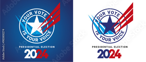 USA Presidential Election 2024. Check mark vote USA star american flag colors and symbols on white and blue background. Voting Day 2024 in USA, Political election badge emblem logo