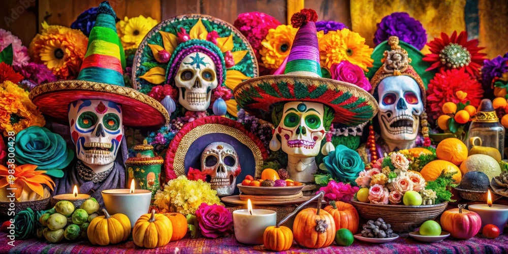 Vibrant and colorful Mexican Day of the Dead celebration with traditional decorations and costumes, Day of the Dead Vibrant and colorful Mexican Day of the Dead celebration with traditional decorations and costumes, Day of the Dead