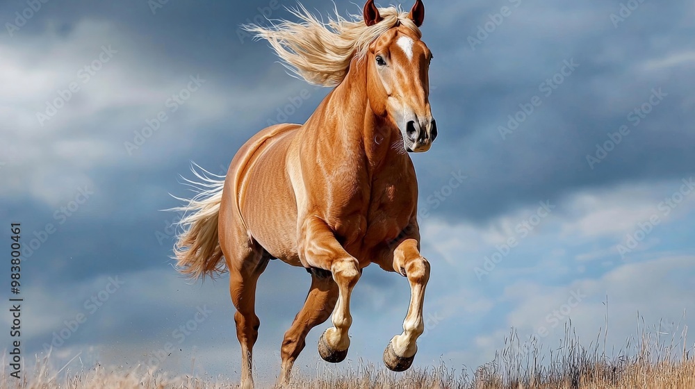 A majestic horse running freely through an open field, its mane flowing in the wind, under a wide blue sky A majestic horse running freely through an open field, its mane flowing in the wind, under a wide blue sky