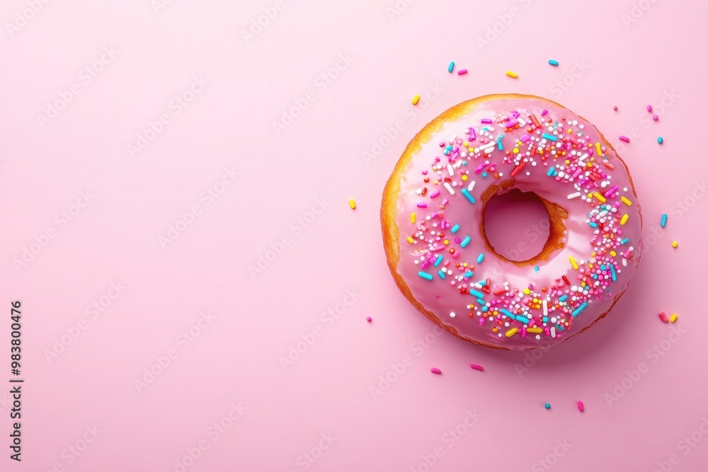 Pink Glazed Donut with Sprinkles on Pink Background Pink Glazed Donut with Sprinkles on Pink Background
