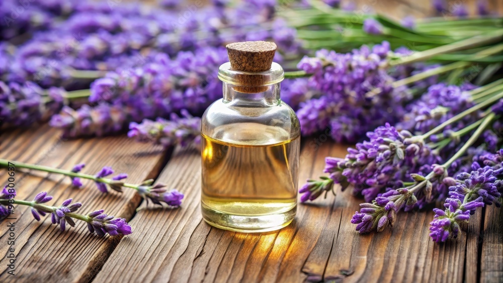 Close-up of lavender oil bottle on rustic table surrounded by fresh lavender flowers, lavender, oil, bottle, rustic, table Close-up of lavender oil bottle on rustic table surrounded by fresh lavender flowers, lavender, oil, bottle, rustic, table