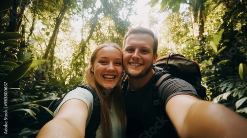 couple hiking in the forest, romantic, vacation