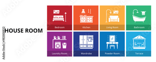 House Room Glyph Solid Banner Web Icon Set Vector Illustration, bedroom Kitchen Living Bathroom Laundry Wardrobe Powder Terrace