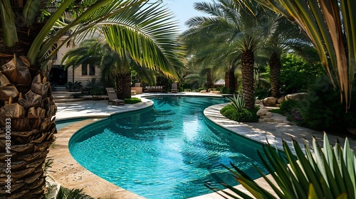 Swimming pool in tropical garden with palm trees and blue sky. photo