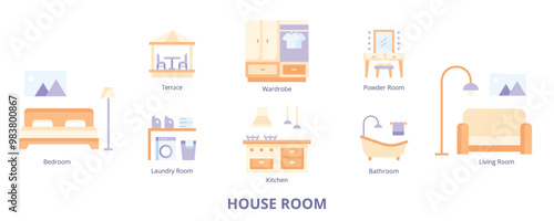 House Room Flat Banner Web Icon Set Vector Illustration, bedroom Kitchen Living Bathroom Laundry Wardrobe Powder Terrace