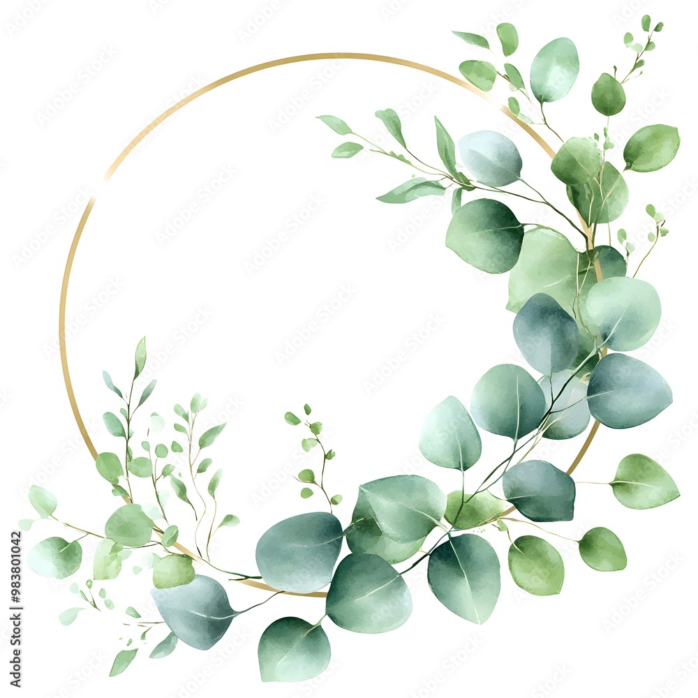 Obraz premium Watercolor pastel green eucalyptus leaves with a gold circular frame,