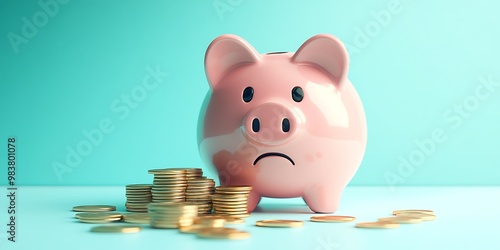 Sad pink piggy bank with golden coins next to it on a blue background, money, savings and asset concept