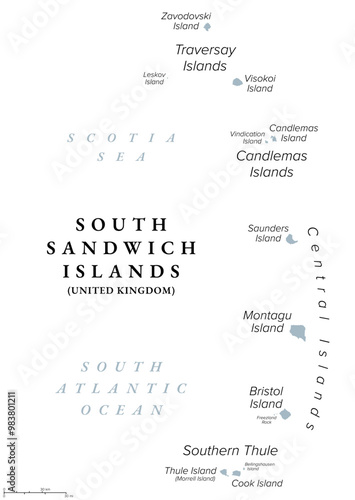 South Sandwich Islands, gray political map. Part of the British Overseas Territory South Georgia and the South Sandwich Islands. Group of islands in the South Atlantic Ocean and Scotia Sea. Vector