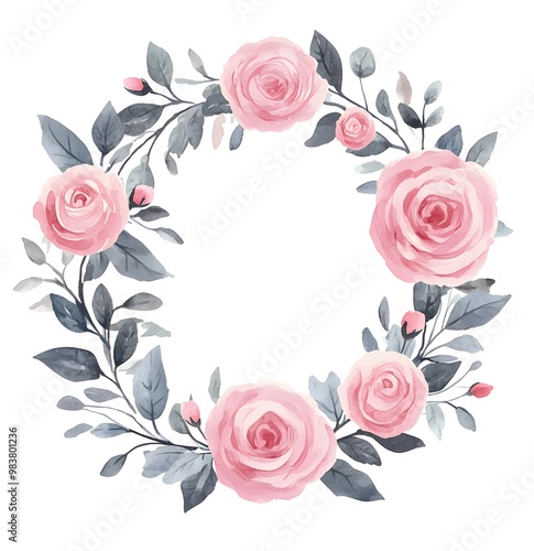 Watercolor pink floral wreath, with roses and eucalyptus leaves, on a white background,