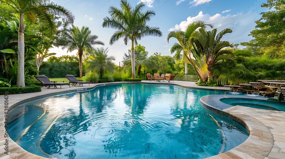 Fototapeta premium Swimming pool in tropical garden with palm trees and blue sky.