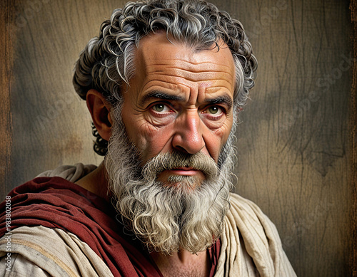 Close-up of the face of an ancient philosopher wearing a Roman-style tunic. Stoicism