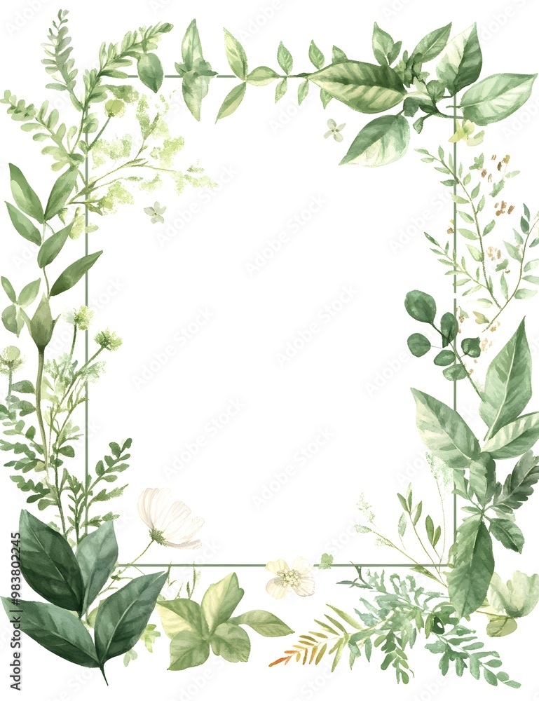 Watercolor green leaves and flowers frame with a white background, Watercolor green leaves and flowers frame with a white background,